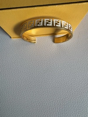 FENDI Forever Bracelet Bangle Gold-finish Metal White Enamel FF Motif Size: S - Image 1 of 4