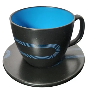 Usado IKEA Negro y Azul Geométrico Grande 16 OZ Taza Taza Platillo Set Gres Retro Foto 1 de 4
