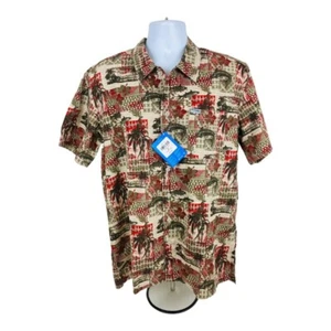 Columbia Mens Fishing Shirt Red Green Palm Trees Pocket Lined Short Sleeve M New - Picture 1 of 7