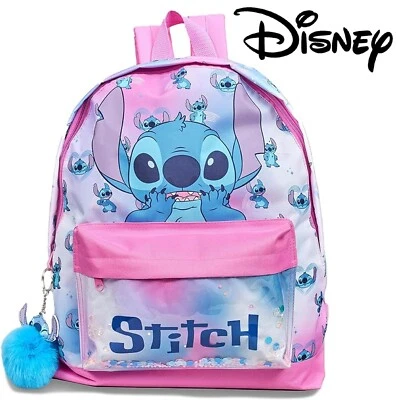 Disney Stitch Girls Backpack Kids Pom Pom Keyring Glitter Pocket School Bag - Image 1 of 4