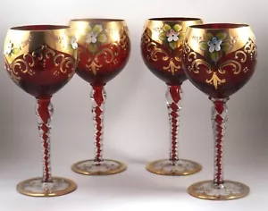 Set of 4 Murano Ruby Glass Gilded Enamel Flower Red Wine/Claret Glasses - Picture 1 of 10