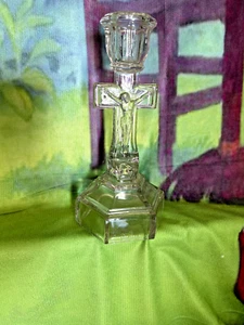 VINTAGE KRISTALL GLAS STEHENDES KRUZIFIX KREUZ KERZENLEUCHTER 9-1/2" HOCH INRI RELIGIÖS - Bild 1 von 2