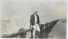 Vintage Old Family Photograph Lady Dress Jacket Hat Sat On Railings Sea 1920?S