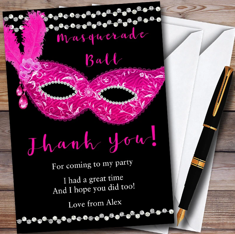 Pink & Black Masquerade Ball Personalised Party Thank You Cards - Image 1 of 1