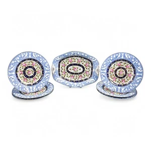 Rare New Hall Staffordshire porcelain 7pc dessert set, resist blue roses c. 1820 - Picture 1 of 24