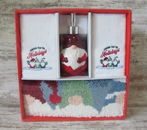 Gnome Holidays Christmas Bathroom Set Lotion Pump Hand Towels Rug Gift Decor NEW - Picture 1 of 10