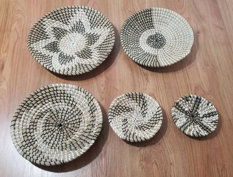 Boho Handwoven Rattan Wall Decor Baskets Lot Of 5 Variety Sizes Hanging Loop Cover