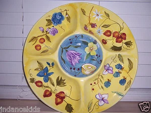 ZRIKE Yellow  Chip & Dip Flora Dish Hand Painted Flowers & Fruit Design 15" - Picture 1 of 10