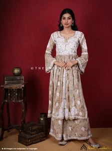 Set Palazzo Kurta Palazzo Lucknow Chikankari Nyra taglio beige modale - Foto 1 di 7