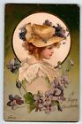 Christmas Postcard Victorian Women Violet Flowers Undivided Back Vintage Unused