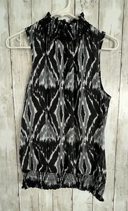 Sere Nade Women Medium Sleeveless Tank Top Black High Ruffle Neck Sheer Ikat - Picture 1 of 12