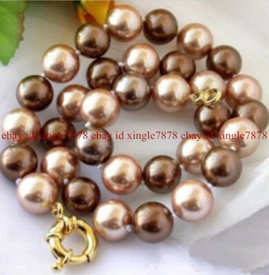 Genuine 8/10/12mm Brown South Sea Shell Pearl Not Pearl Round Beads Necklace 20" - Image 1 of 4