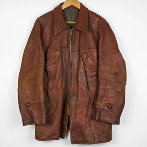 Vintage World War II Era Men's Brown Full Zip Leather Jacket Size L - Picture 1 of 14