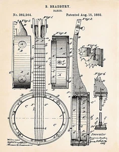 Regalos para jugadores de banjo Bradbury arte dibujo 1882 patente ilustración impresión - Imagen 1 de 2