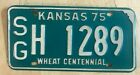 1975 Kansas Passenger Auto License Plate " Sg H 1289 " Ks 75 Wheat Centennial