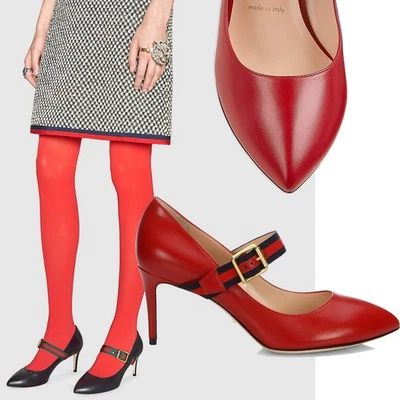 GUCCI SHOES SYLVIE WEB RED LEATHER MARY JANE PUMPS HEELS $695 IT 36 US 6 - Image 1 of 4