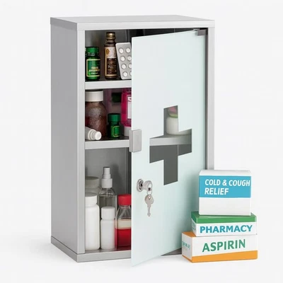 Armadietto Porta Medicinali Acciaio Inox e Vetro Satinato 49x25x12 cm con Chiave - Immagine 1 di 4