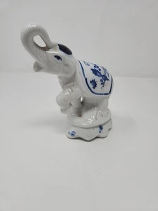 Vintage Blue & White Porcelain Elephant With Trunk Up For Good Luck Figurine - Picture 1 of 21