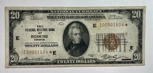 Serie 1929 20 dólares serie baja billete STAR moneda nacional FRB de Richmond - Imagen 1 de 2