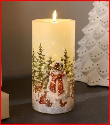 Flameless Candle, Snowman, Illuminated Fiber Optic Wax Pillar, Valerie Parr Hill - Image 1 of 4