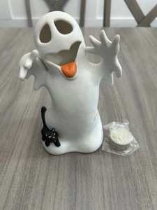 Vintage Unglazed Ceramic Halloween Ghost Figurine Candle Holder With Black Cat - Picture 1 of 11