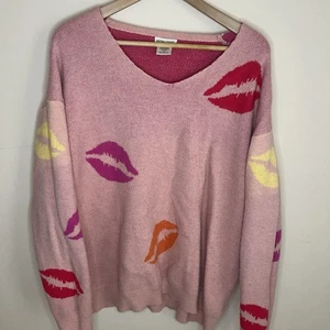 Suéter tejido a rayas principales rosa estampado de labios cuello en V para mujer talla grande 3XL - Imagen 1 de 5