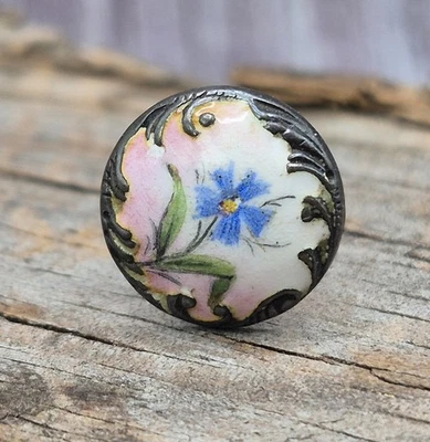 Antiguo tachuela de botón ornamentado antiguo flor azul floral esmaltada de plata de ley Foto 1 de 4
