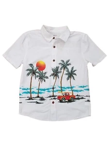 Sonoma Boys White Woven Beach Scene Short Sleeve Button Front Shirt 8 - Picture 1 of 1