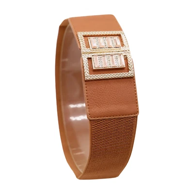 Damen Braune Elastischer Bund Modischer Gürtel Gold Metall Bling Quadrat Gurt S - Bild 1 von 4