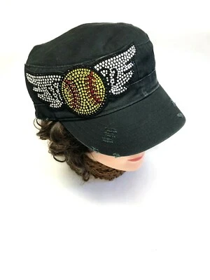 Cadet Cap Hat Olive Pique Rhinestone Black Bling  Softball Embellishment H2 - Image 1 of 4