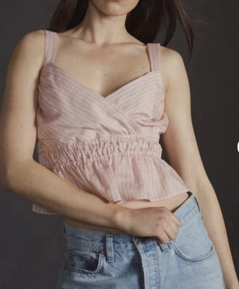 Anthropologie V Neck Top Summer Pink Stripe Strappy Top Size L - Image 1 of 4