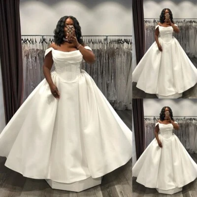 White Ivory Satin Wedding Dresses A Line Off the Shoulder Plus Size Bridal Gowns - Image 1 of 4