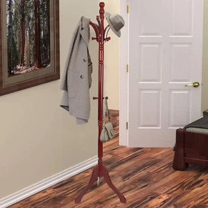 Exquisite 13 Hooks Coat Stand Hall Tree Rack Glossy Cherry Wood with Sturdy Base - Picture 1 of 12