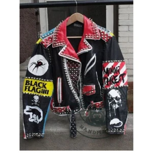 Handmade Men's Silver Studded Steampunk Gothic Patch Style Leather Jacket - Picture 1 of 5