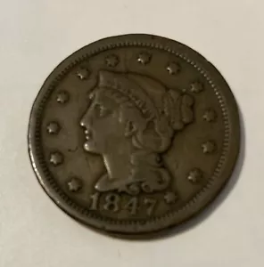 VF 1847 Braided Hair Large Cent -Very Fine -US Type Coin 1c ACTUAL PHOTOS LT9 - Picture 1 of 2