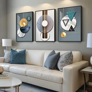 Framed Large Modern Luxury Wall Art for Living Room 3 Piece Abstract Blue Gre... - Picture 1 of 8