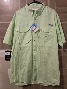 Columbia Shirt Sz Large Short Sleeve Neon Green Initials On Back Button Up - Picture 1 of 4