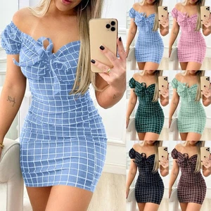 Ladies Bardot Bodycon Mini Summer Dress Off the Shoulder Holiday Low Cut Dresses - Picture 1 of 21