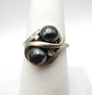Anillo vintage de diamantes y perlas negras de oro blanco de 14K tamaño 7,25 7,4 GR [R363] Foto 1 de 4