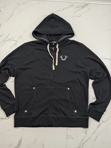 True Religion Black Graphic Full Zip Hoodie Jumper Mens 2XL Logo Zip Up - Picture 1 of 12