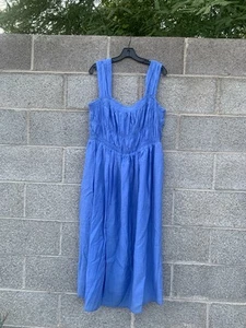 H&M Smocked Bodice Tank Dress Blue Gathered Waist Lined Size Large Milkmaid EUC - Picture 1 of 13