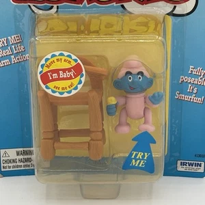 Puffi Irwin Baby Puffo Vintage Figura Completamente Posabile 1996 Toy Island Peyo - Foto 1 di 3