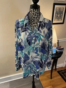 Denim & Co Naturals Linen Blend Side Button Curved Hem Shirt Size XL Blue - Picture 1 of 15