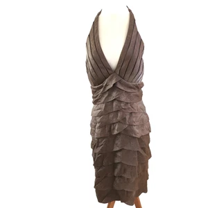 Caché Women's brown bronze metallic tiered halter Formal cocktail Midi dress 12 - Picture 1 of 9