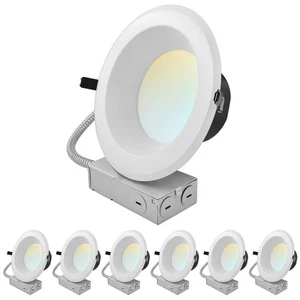 LUXRITE 8" LED Recessed Light J-Box 5CCT 16/24/30W Dimmable 1800/2700/3500LM 6PK - Picture 1 of 7