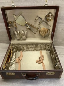 Antiguo juego de tocador de viaje de la década de 1930 maleta de cuero - Imagen 1 de 15