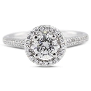 0.91 Carat D-VS2 Round Cut Natural Certified Diamonds 18k Gold Halo Accent Ring - Picture 1 of 10