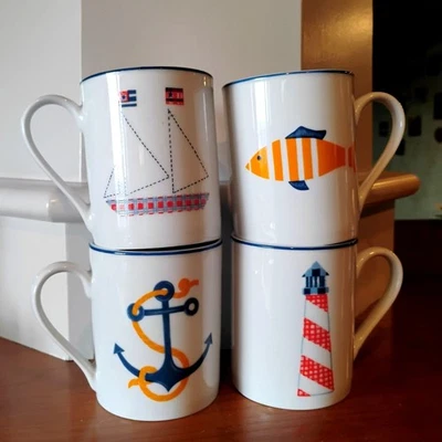 Set/4 American Atelier On the Cape Coffee Mugs Nautical Beach Coastal 10-12 oz - Image 1 of 4