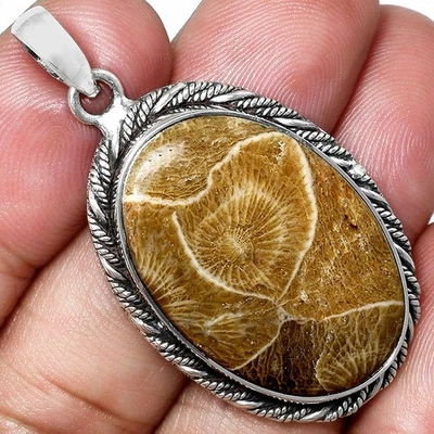 Joyería colgante de plata de ley 925 coral fósil flor calidad premium P-1074 Foto 1 de 4