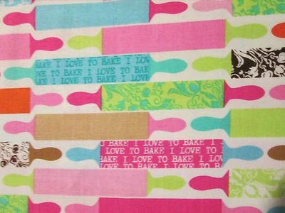 ROLLING PINS BAKING PINKS GREENS BLUES LOVE TO BAKE COTTON FABRIC FQ - Image 1 of 3